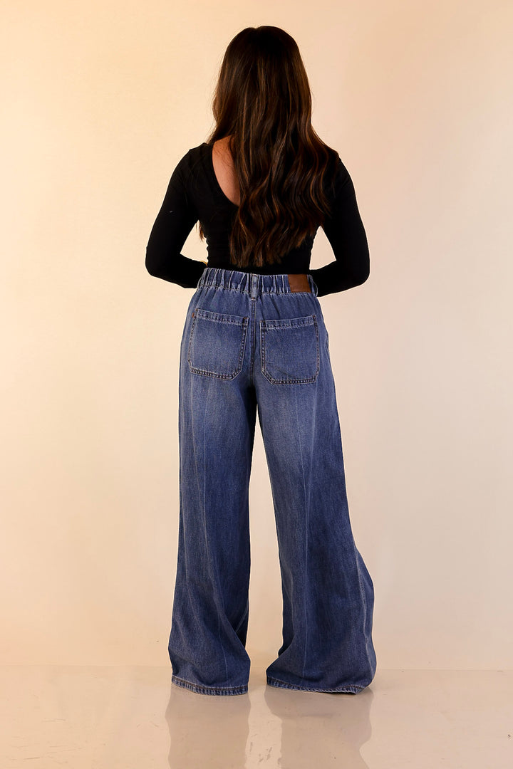 Judy Blue | Made to Move Wide Leg Palazzo Featherweight Elastic Waistband Jeans in Dark Wash