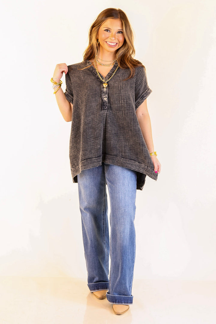 Simple Statement Quarter Button Up Short Drop Sleeve Shirt in Black