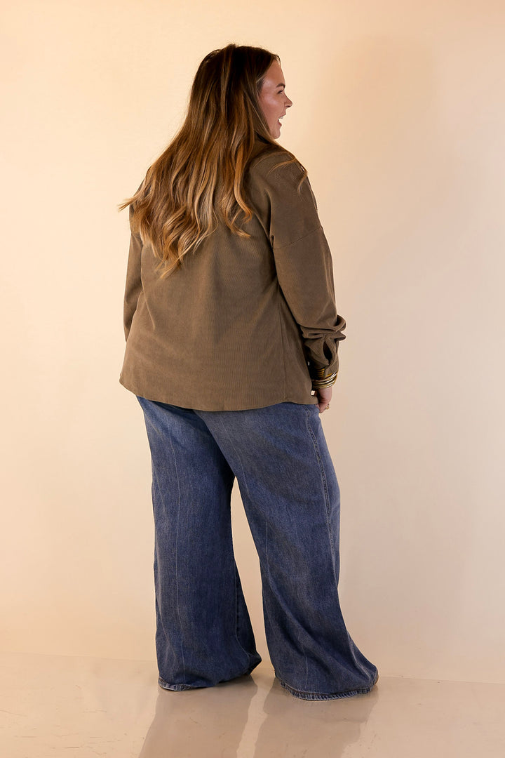 Captivating Cuteness Corduroy Button Up Shacket in Olive Green