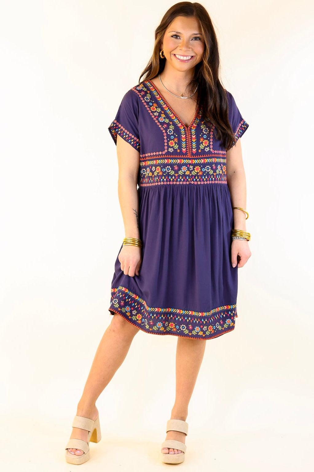 Passing Through V Neck Embroidered Dress with Short Sleeves in Navy Blue