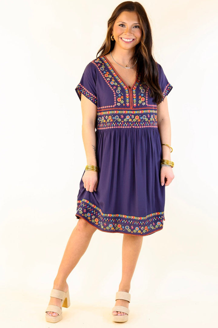 Passing Through V Neck Embroidered Dress with Short Sleeves in Navy Blue