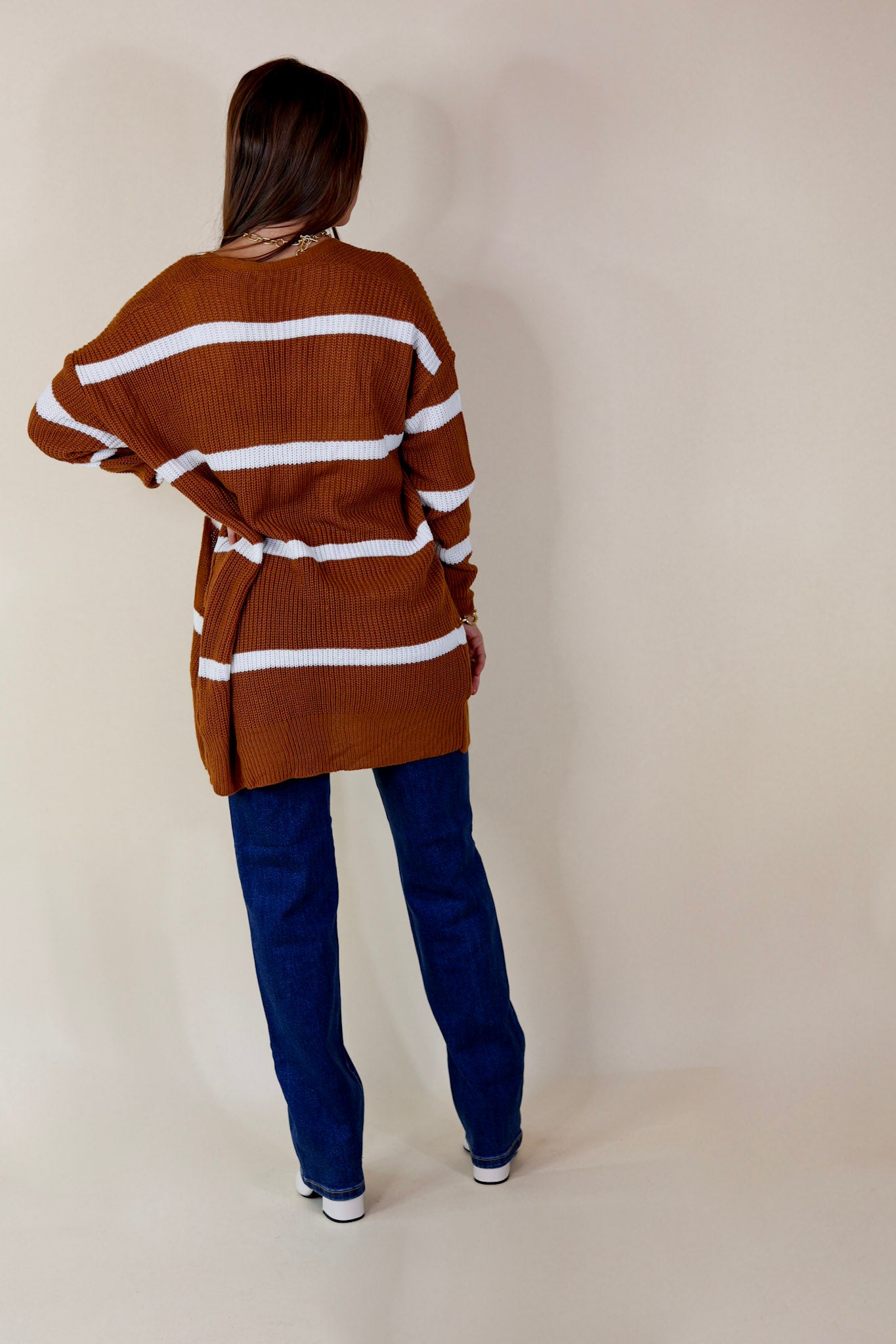 Time For Cozy Striped Long Sleeve Cardigan in Rust - Giddy Up Glamour Boutique
