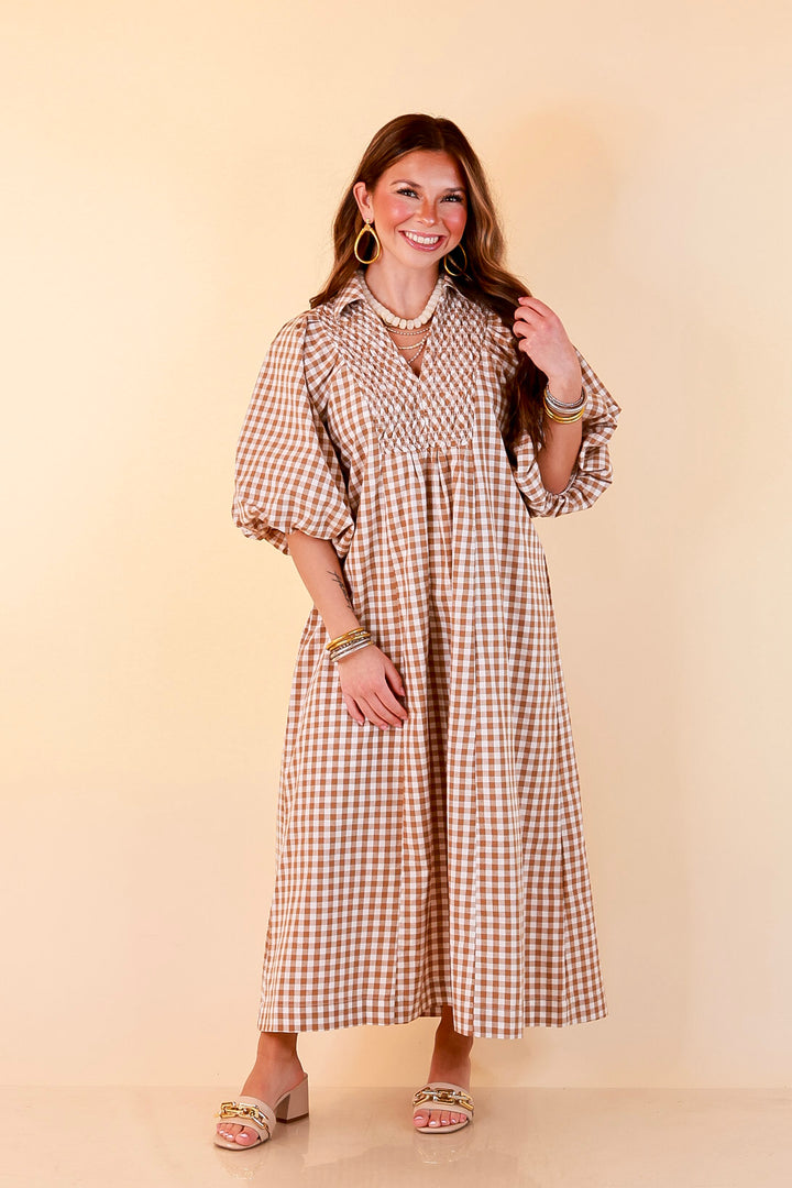 All Eyes on You Smocked Yoke Puff Sleeve Gingham Print Maxi Dress in Camel Brown and Ivory