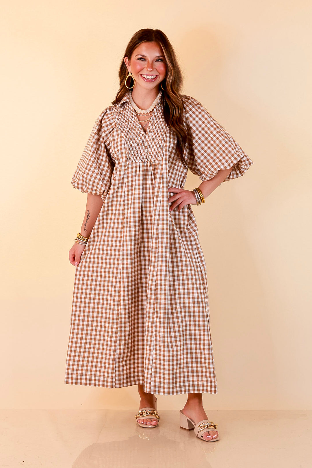 All Eyes on You Smocked Yoke Puff Sleeve Gingham Print Maxi Dress in Camel Brown and Ivory