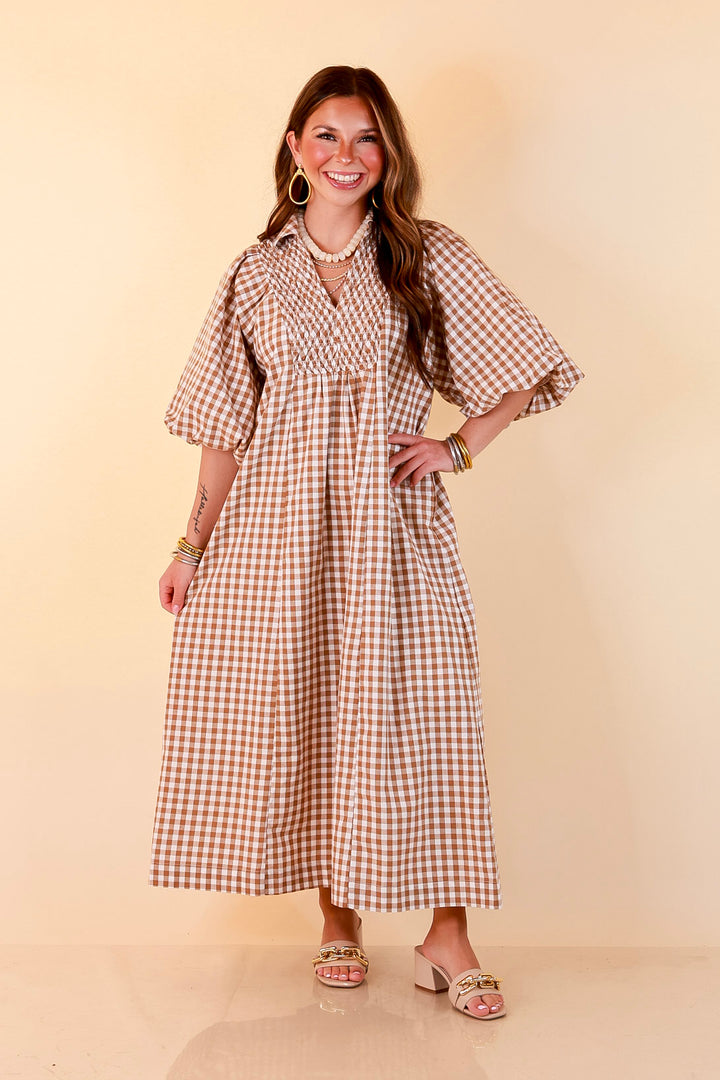 All Eyes on You Smocked Yoke Puff Sleeve Gingham Print Maxi Dress in Camel Brown and Ivory