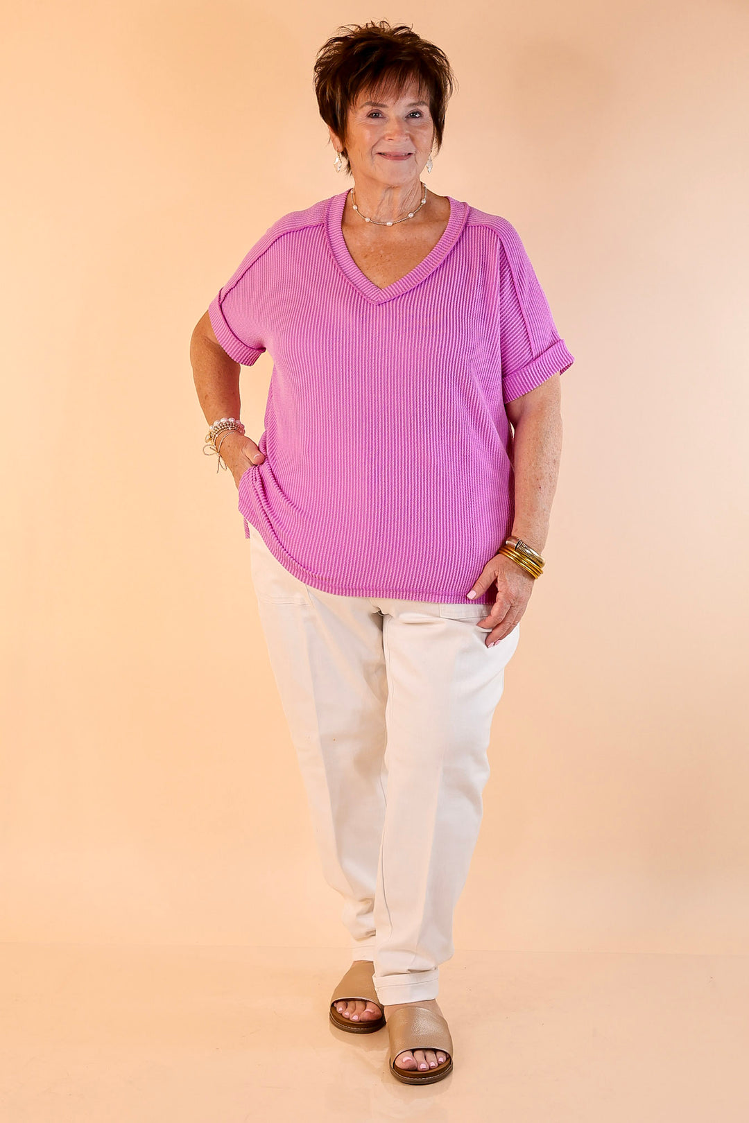 Daily Perfection Short Sleeve V Neck Top in Light Violet Purple