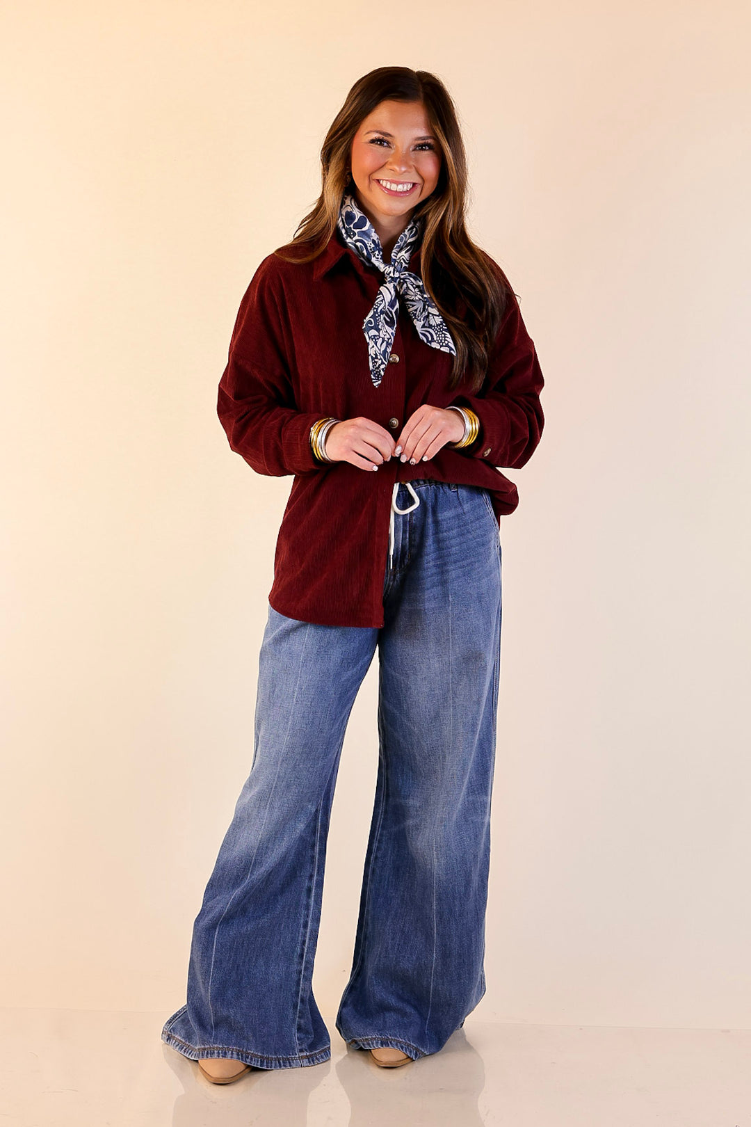 Captivating Cuteness Corduroy Button Up Shacket in Maroon