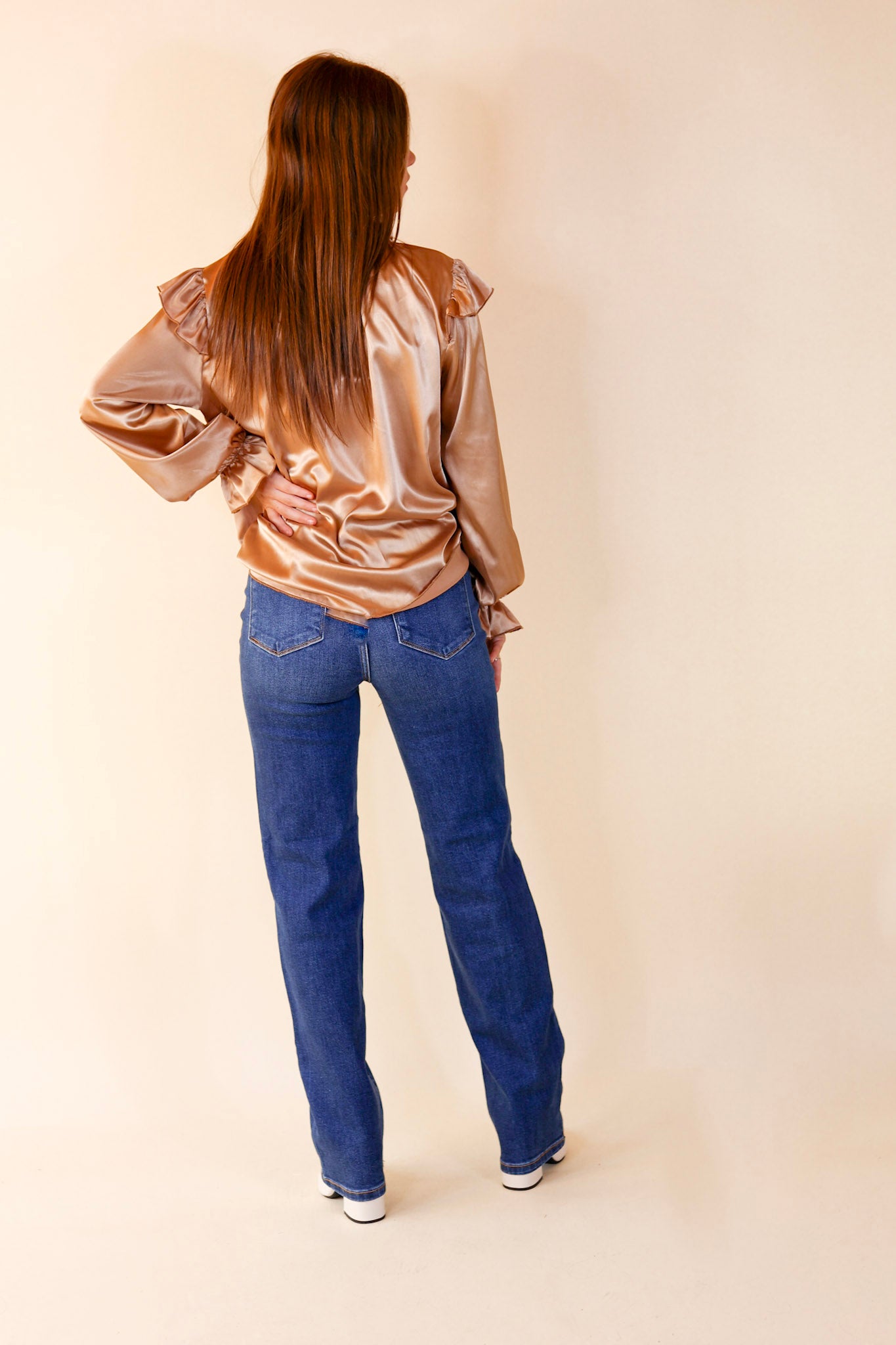Can't Stop Me Ruffle Mock Neck Long Sleeve Satin Top in Champagne - Giddy Up Glamour Boutique