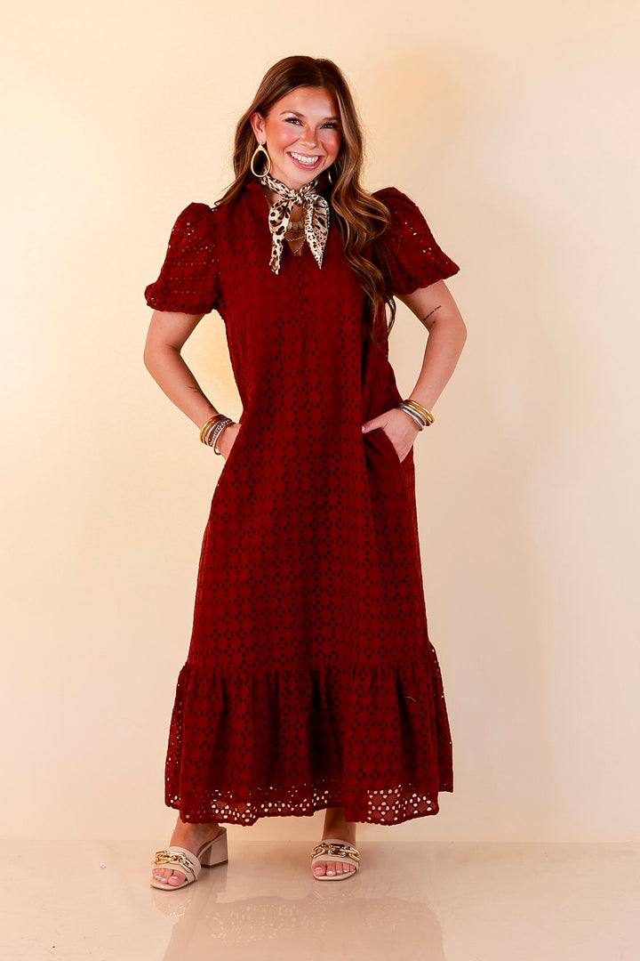 Meet Me at Sunset Eyelet Lace Puff Sleeve Tiered Maxi Dress in Maroon