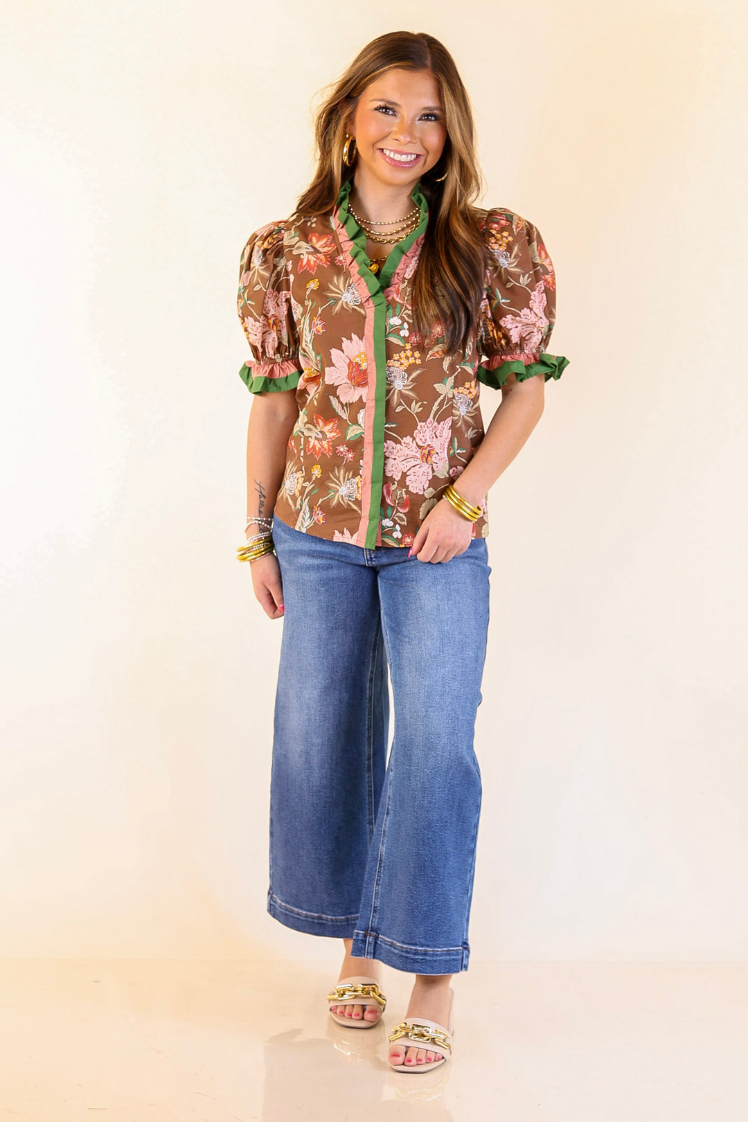 Endless Elegance Ruffled V Neck Floral Print Top in Brown, Mauve and Green