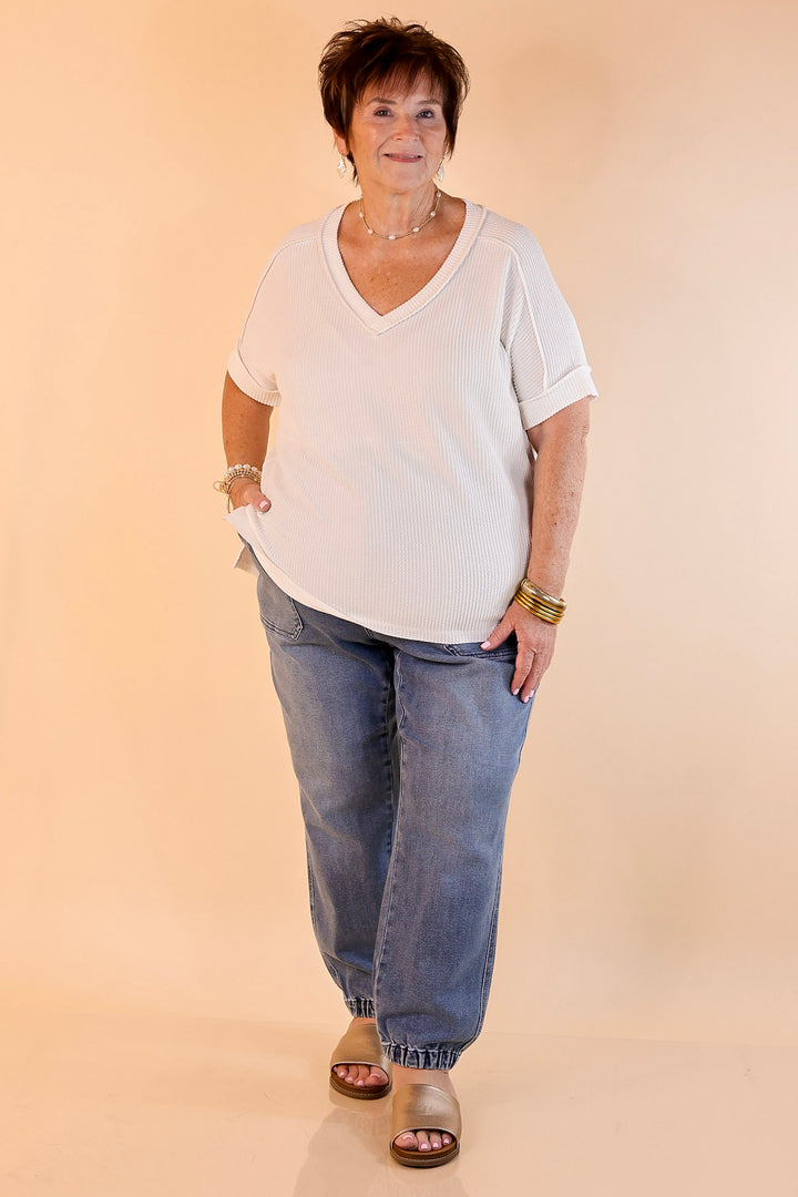 Daily Perfection Short Sleeve V Neck Top in Off White