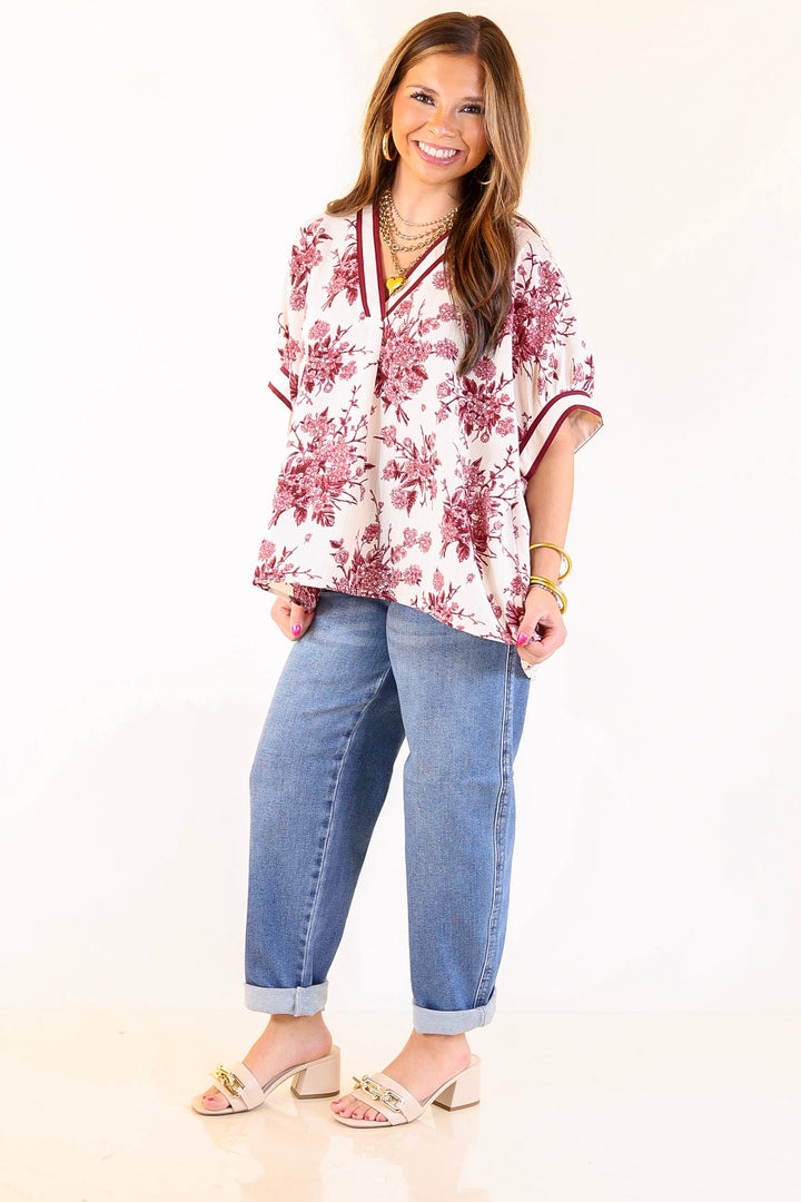 Chic Rewind V Neck Placket Floral French Toile Short Sleeve Top in Maroon and Ivory