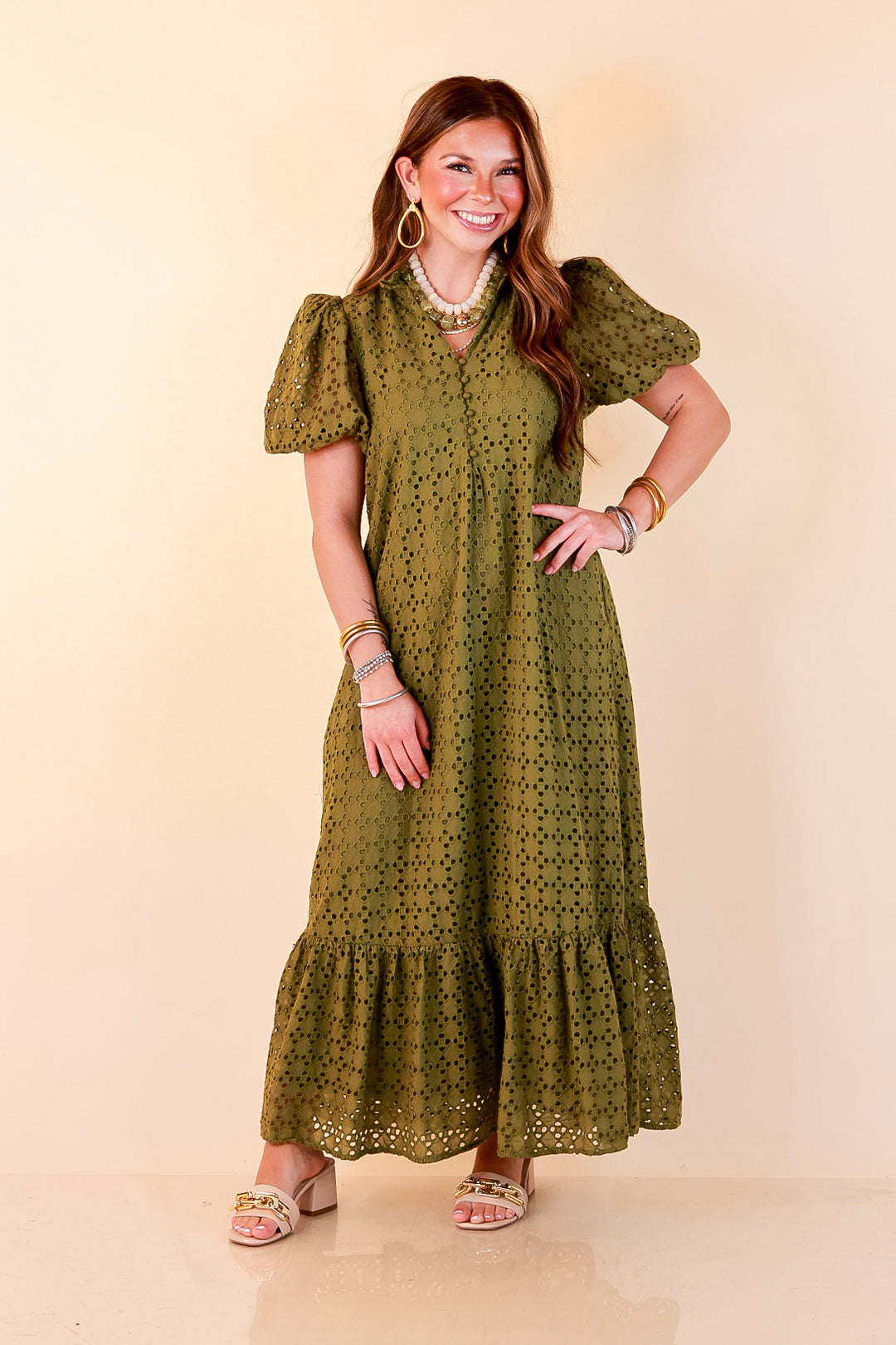 Meet Me at Sunset Eyelet Lace Puff Sleeve Tiered Maxi Dress in Olive Green