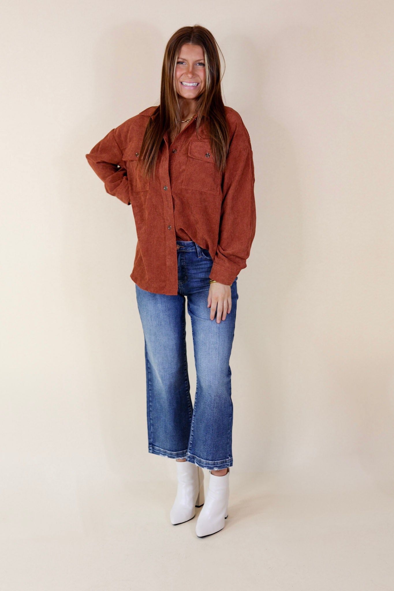 Latte Sips Button Up Corduroy Shacket in Rust - Giddy Up Glamour Boutique