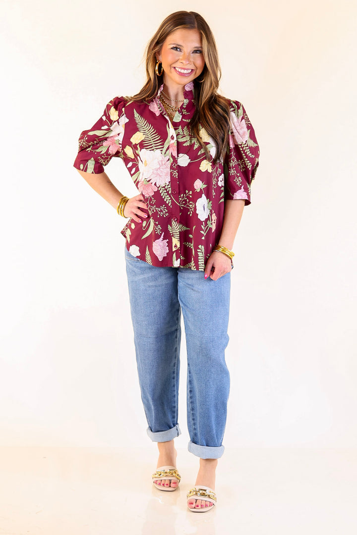 First Glance Button Up Puff Sleeve Floral Print Top in Maroon