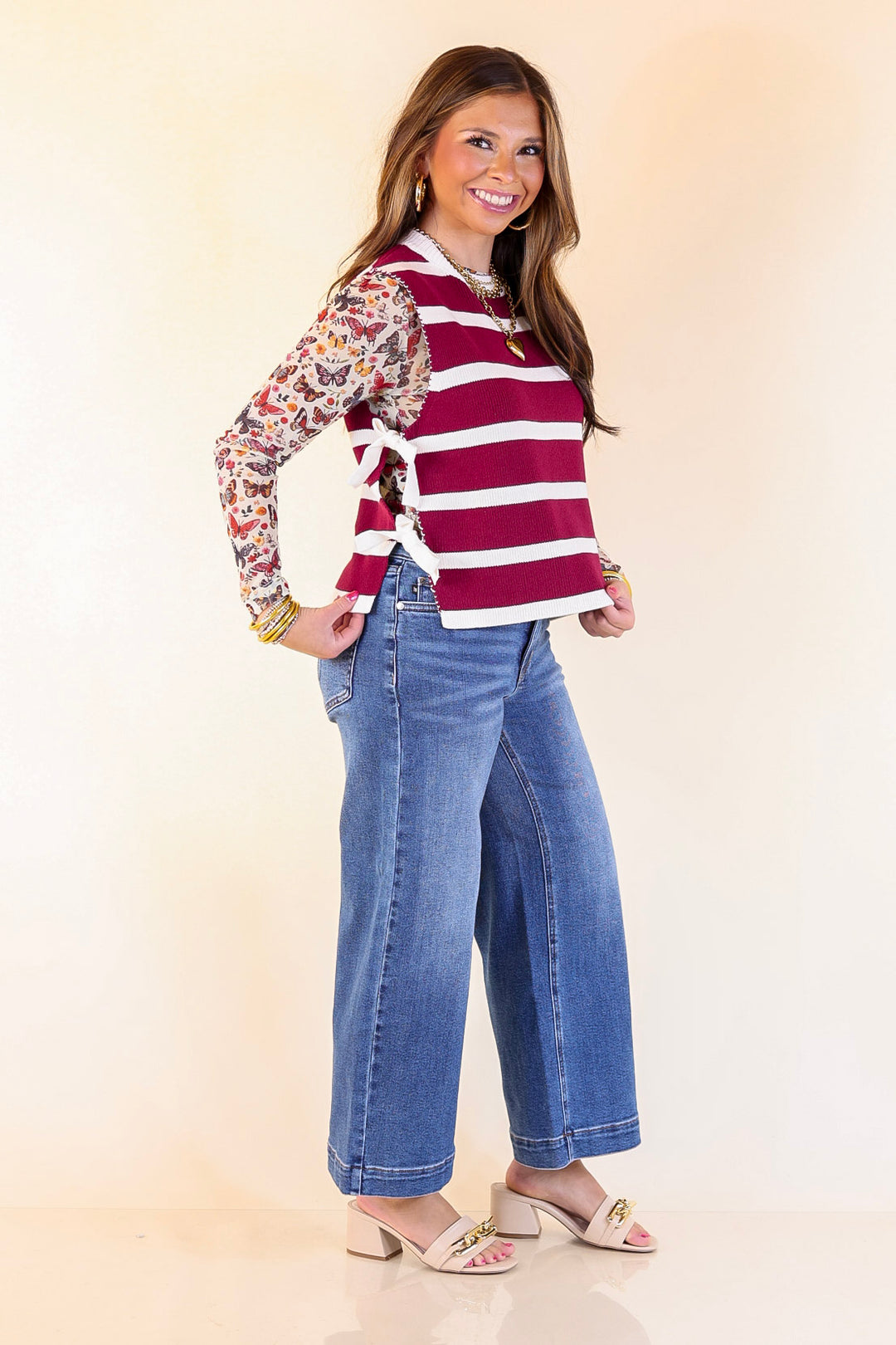 Tied Up in Style Knit Sweater with Side Ties in Maroon with Off White Stripes