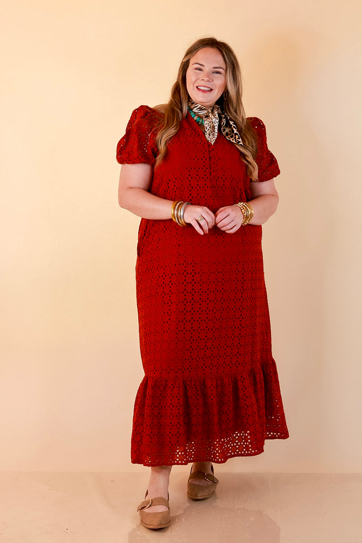 Meet Me at Sunset Eyelet Lace Puff Sleeve Tiered Maxi Dress in Rust Red