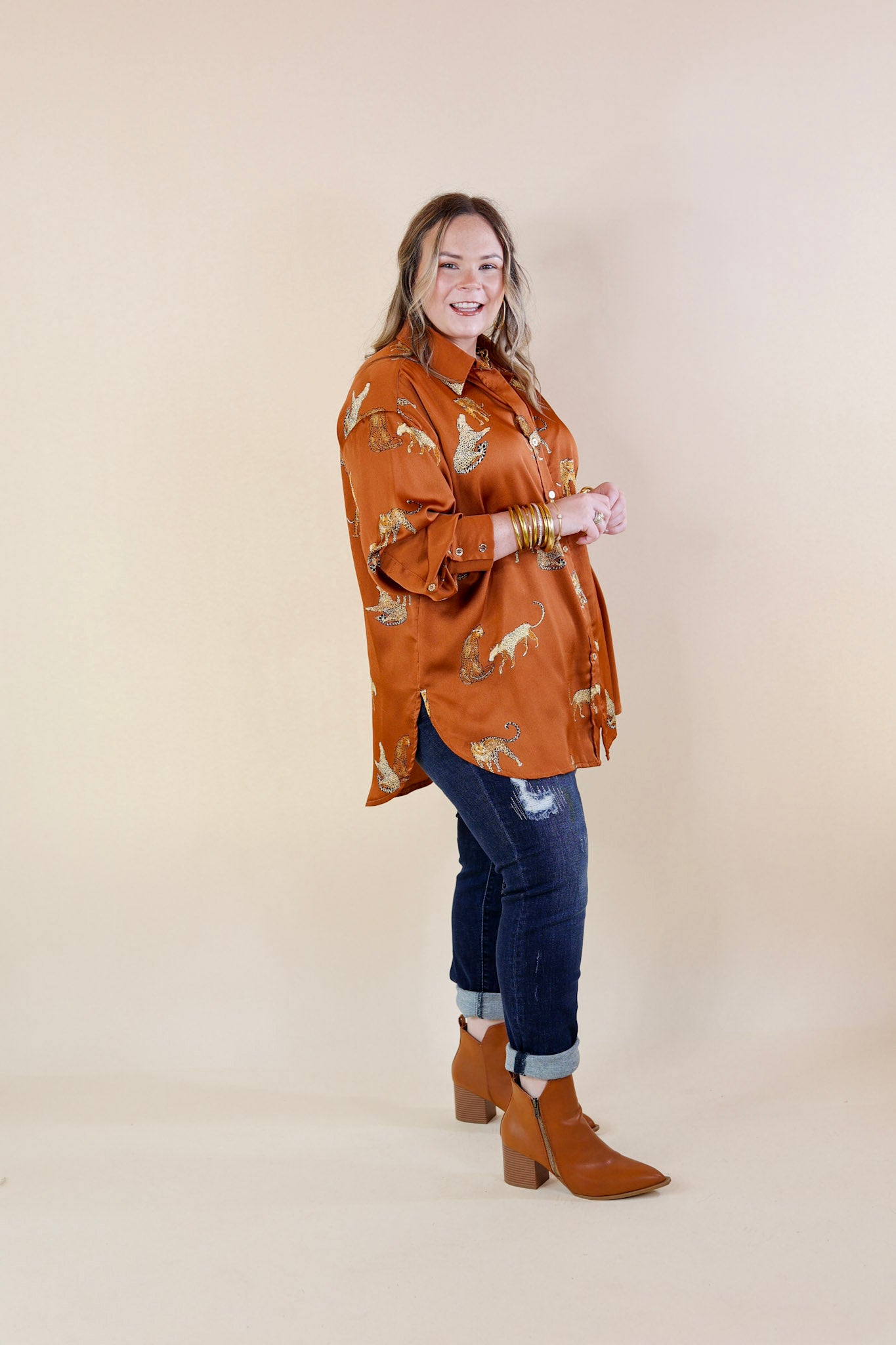 Tell Me Something Good Cheetah Print Long Sleeve Button Up Top in Camel Brown - Giddy Up Glamour Boutique