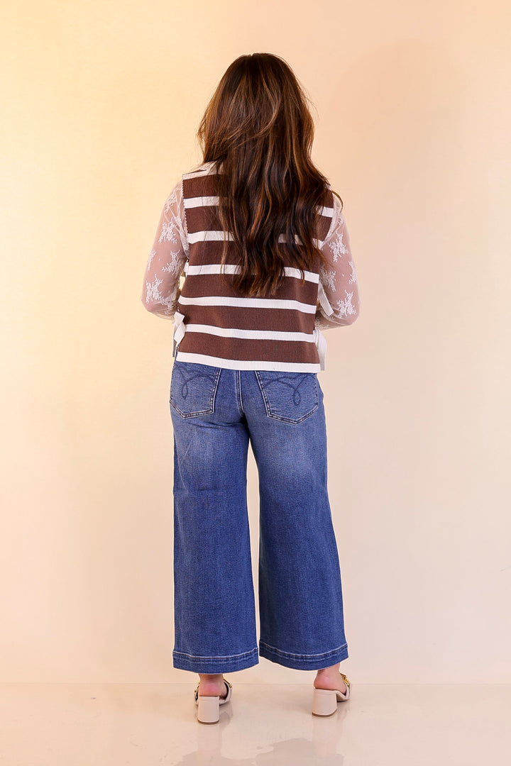 Tied Up in Style Knit Sweater with Side Ties in Chocolate Brown with Off White Stripes