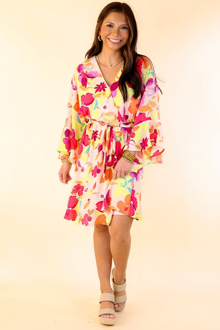 Super Chic Floral Ruffle Sleeve V Neck Dress with Waist Tie in Blush Pink