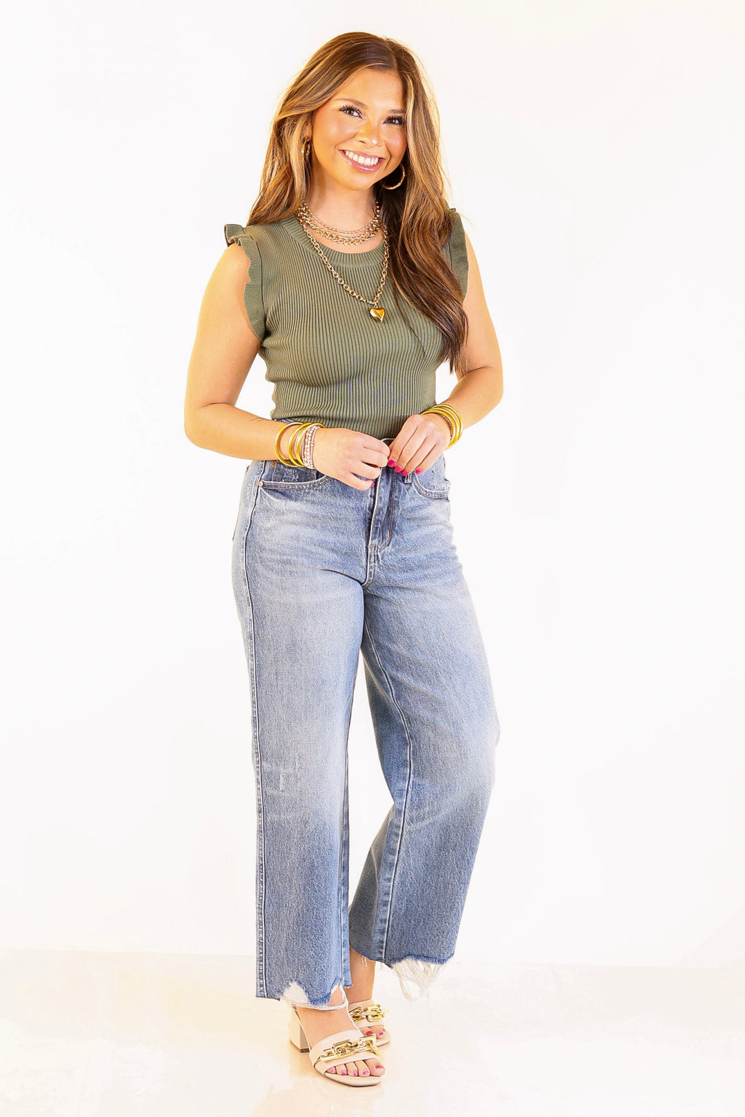 Flirty Frill Scoop Neck Top with Ruffle Sleeves in Olive Green