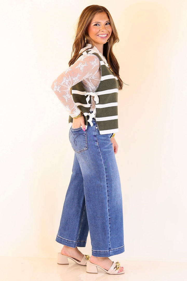 Tied Up in Style Knit Sweater with Side Ties in Olive Green with Off White Stripes