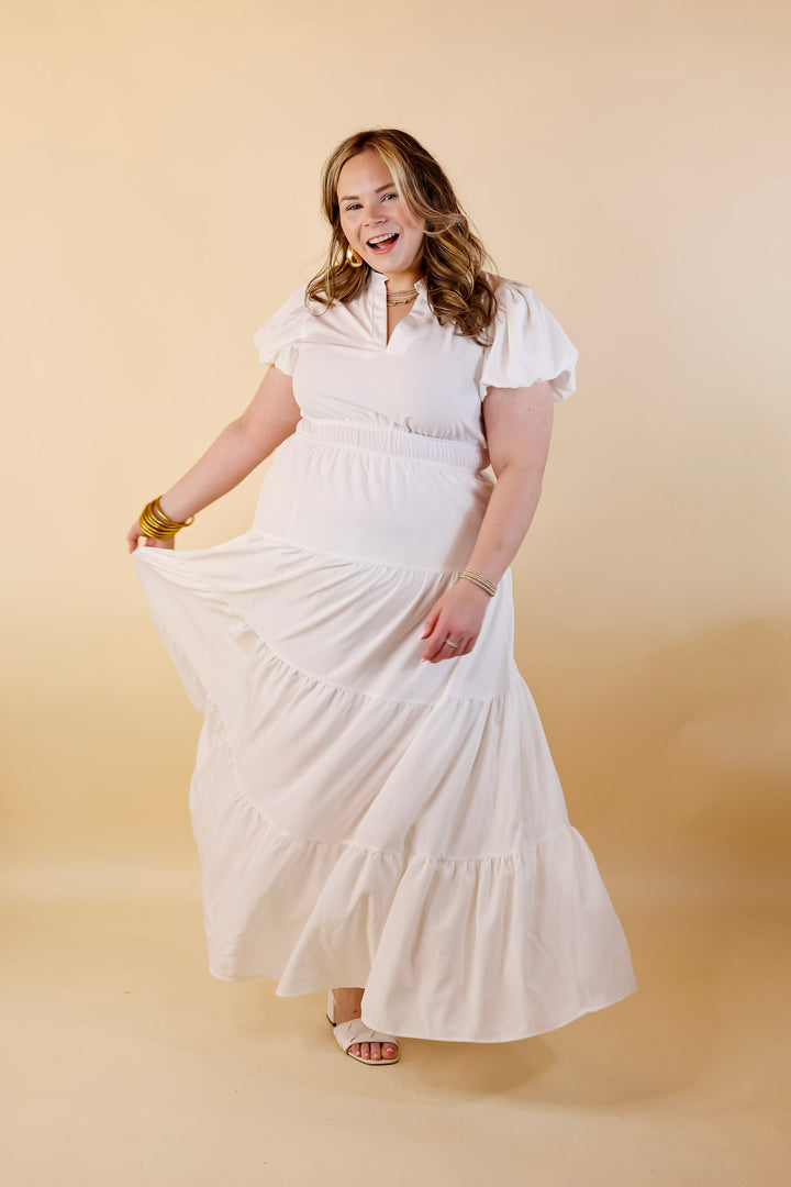 Table for Two Tiered Maxi Dress with Puff Sleeves in White - Giddy Up Glamour Boutique