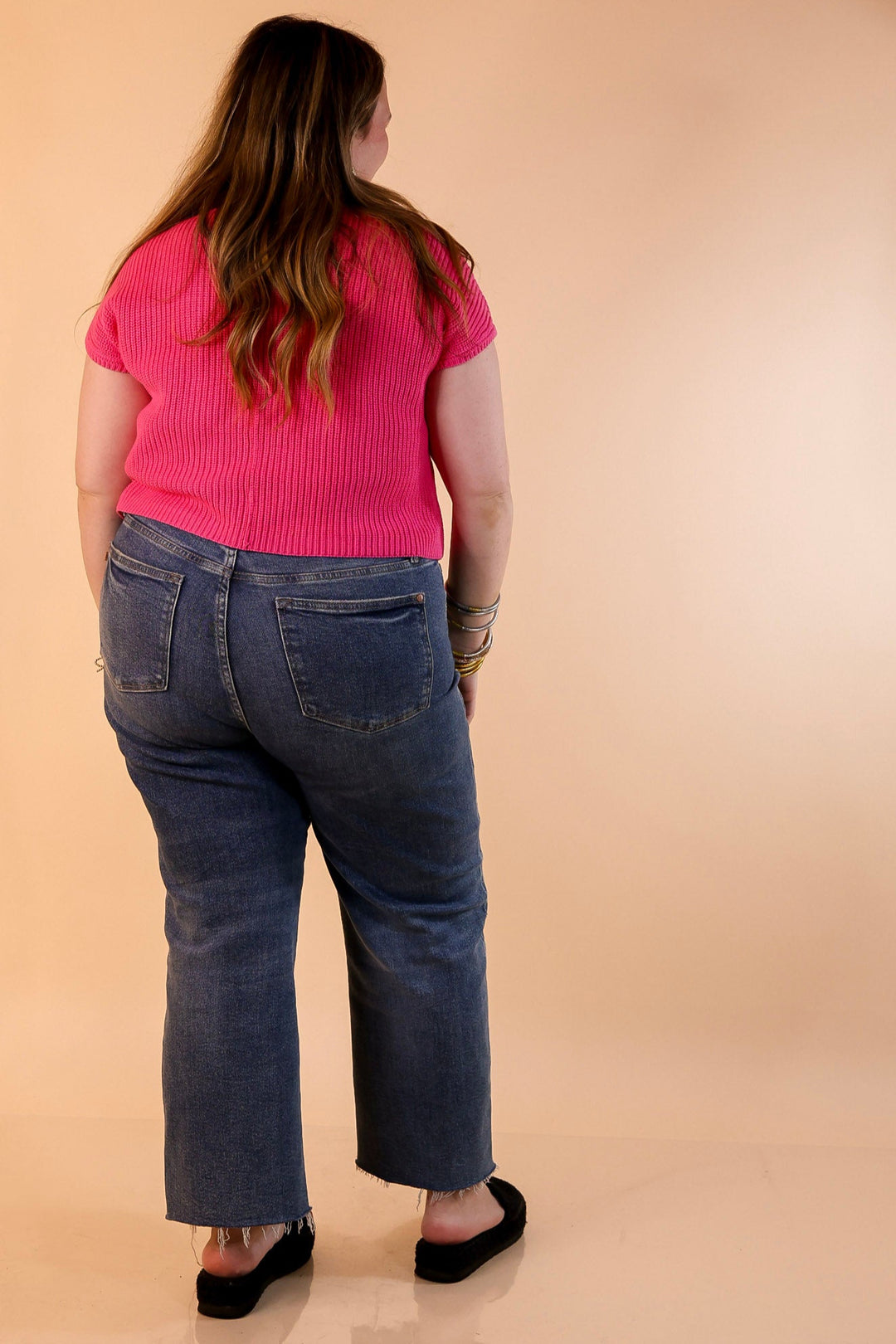 Repeat Worthy Cap Sleeve Cropped Sweater with Front Pocket in Fuchsia Pink