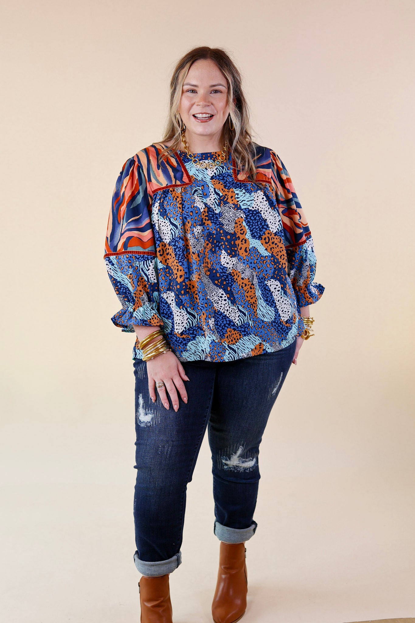 Unapologetically Unique Cheetah and Paintbrush Pattern Top In Blue Mix - Giddy Up Glamour Boutique