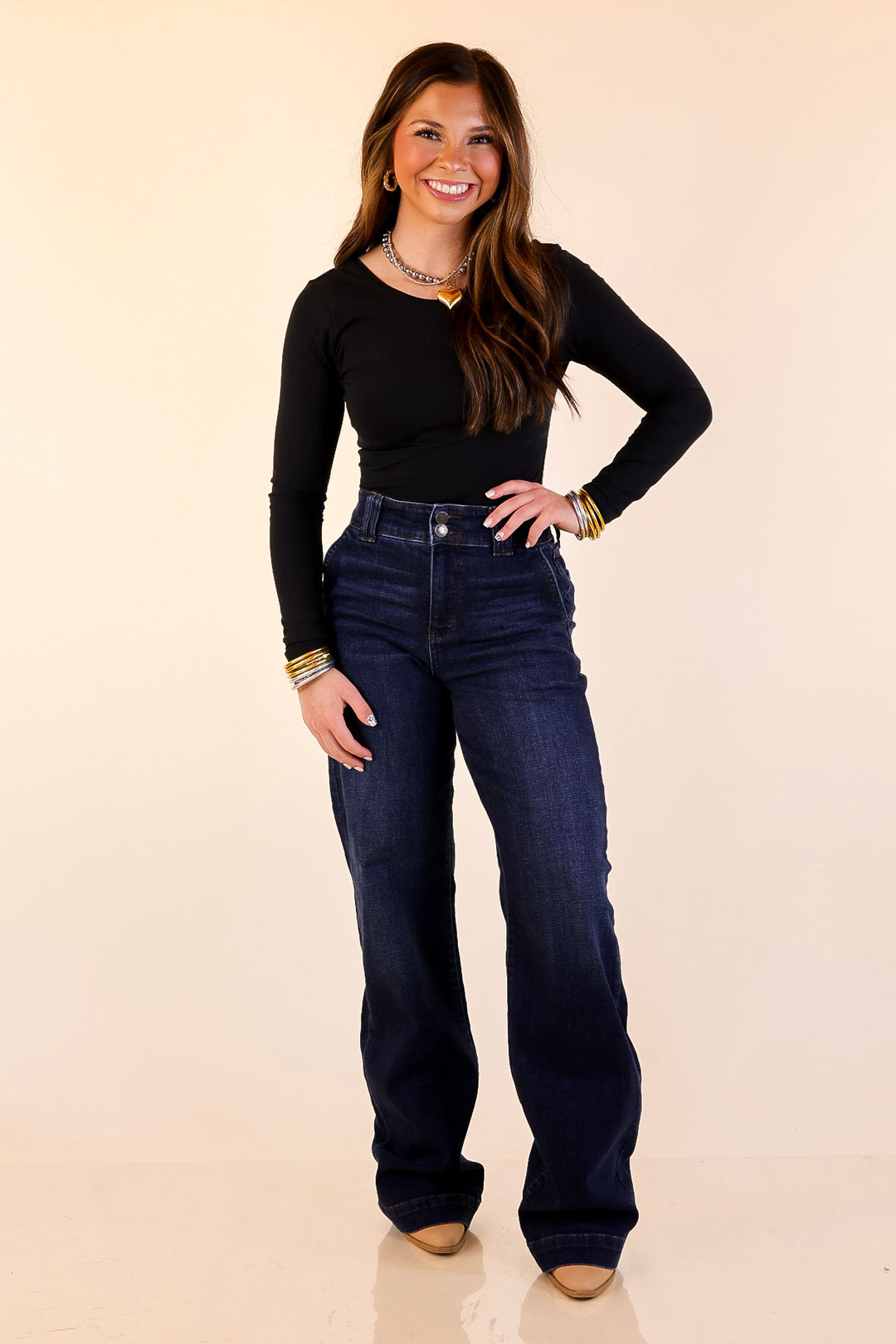 Judy Blue | Set the Standard Double Button Fly Wide Leg Trouser Jean in Dark Wash