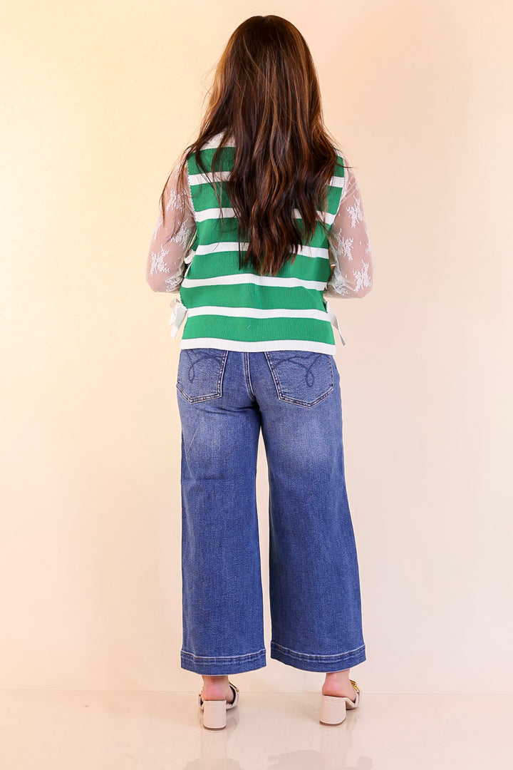 Tied Up in Style Knit Sweater with Side Ties in Kelly Green with Off White Stripes