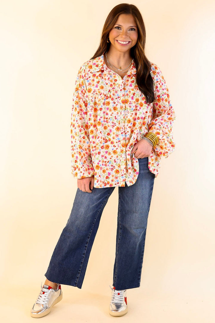 Secret Garden Floral Print Top with Collar and Long Sleeves in Cream