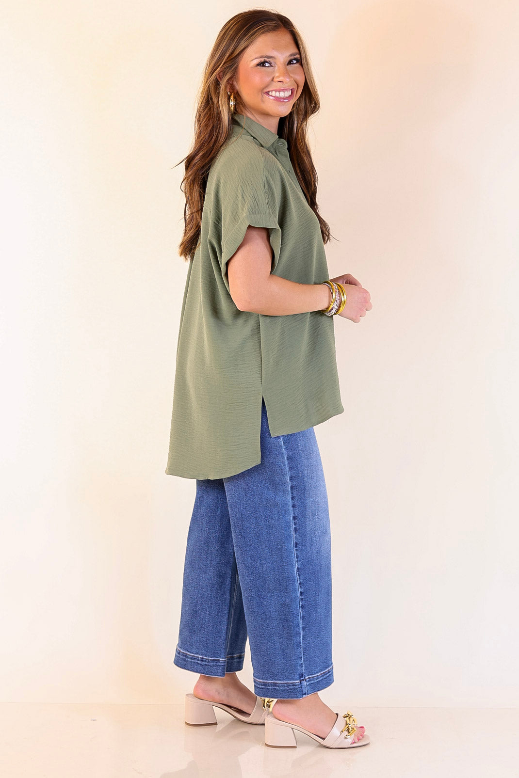 Timeless Appeal Collared Button Up Top in Olive Green