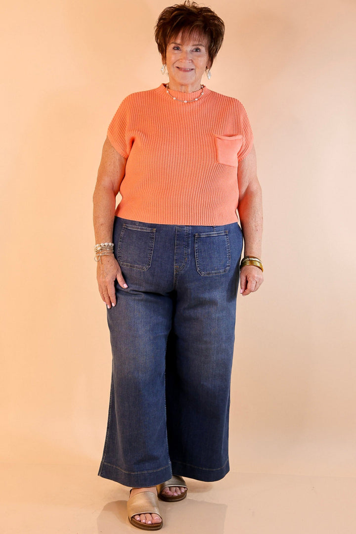 Repeat Worthy Cap Sleeve Cropped Sweater with Front Pocket in Coral Orange