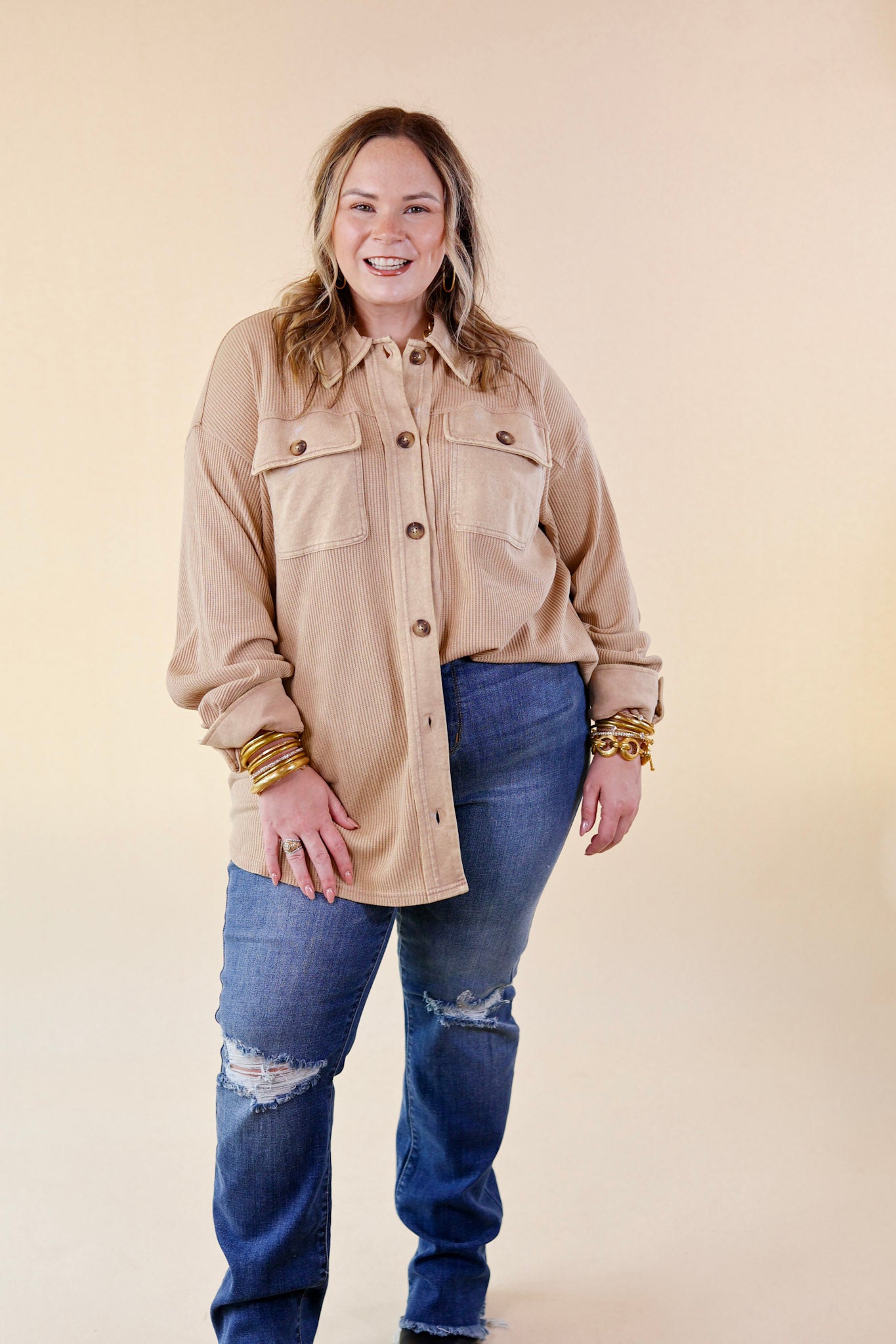 A Place To Unwind Button Up Waffle Knit Shacket in Cream - Giddy Up Glamour Boutique