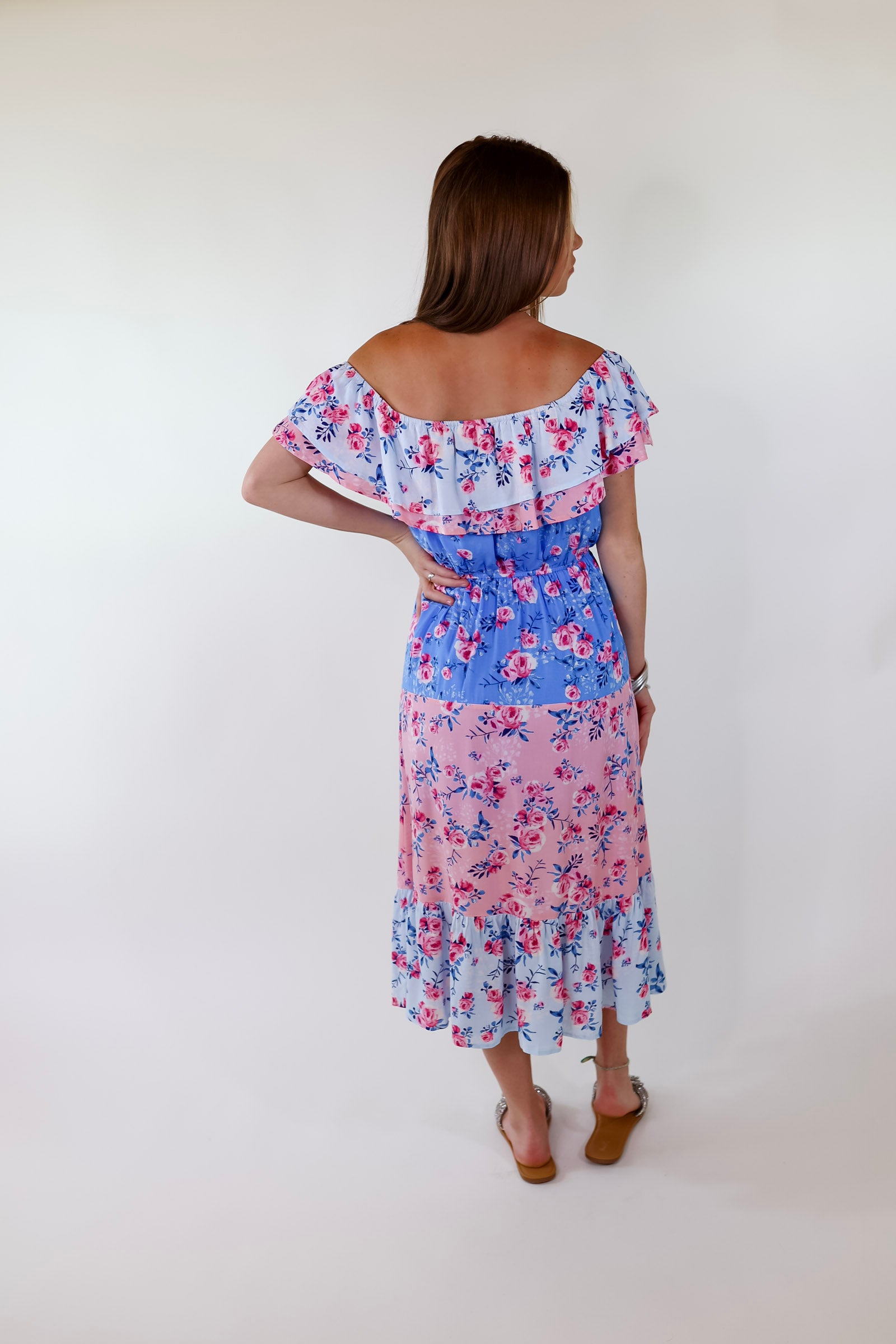 Tides In Tulum Floral Midi Dress with Ruffle Sleeves in Pink and Blue - Giddy Up Glamour Boutique