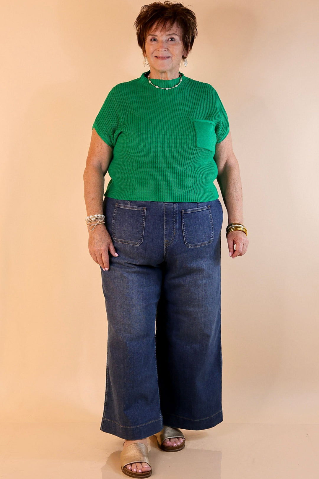 Repeat Worthy Cap Sleeve Cropped Sweater with Front Pocket in Kelly Green