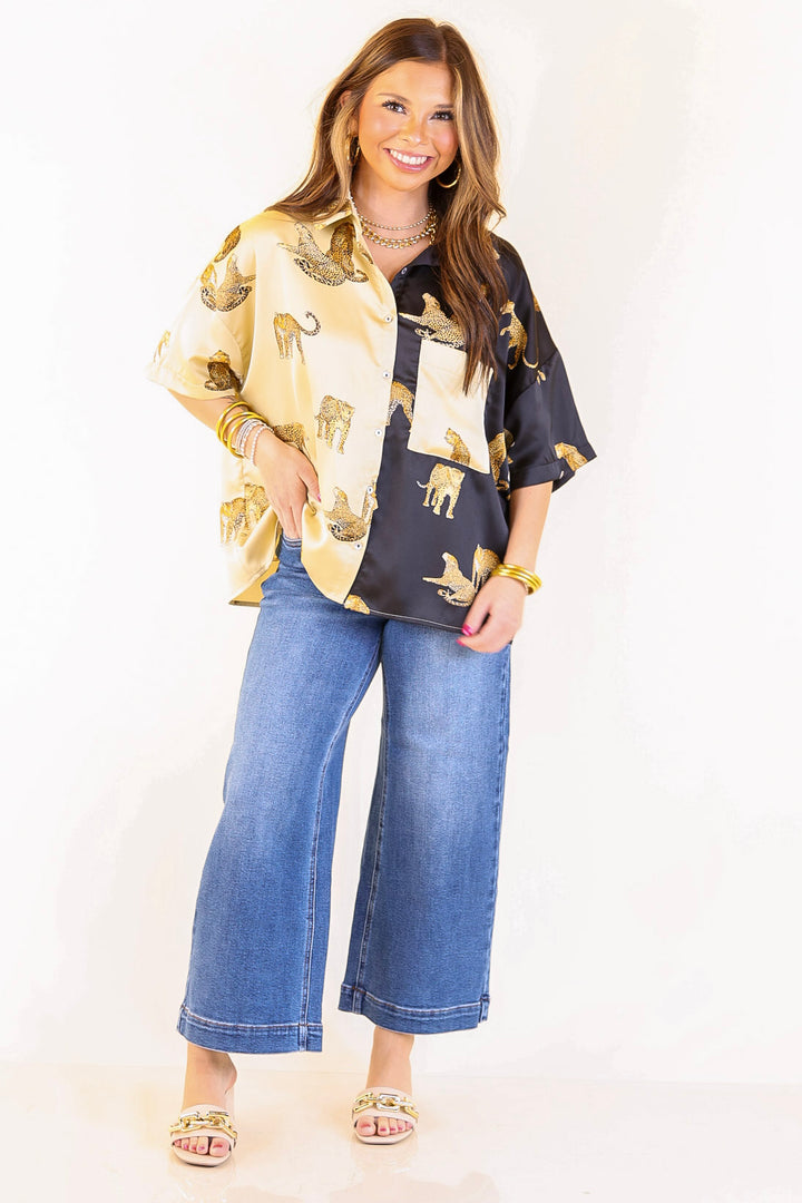 All Eyes On Me Button Up Cheetah Print Blouse Top in Black and Gold