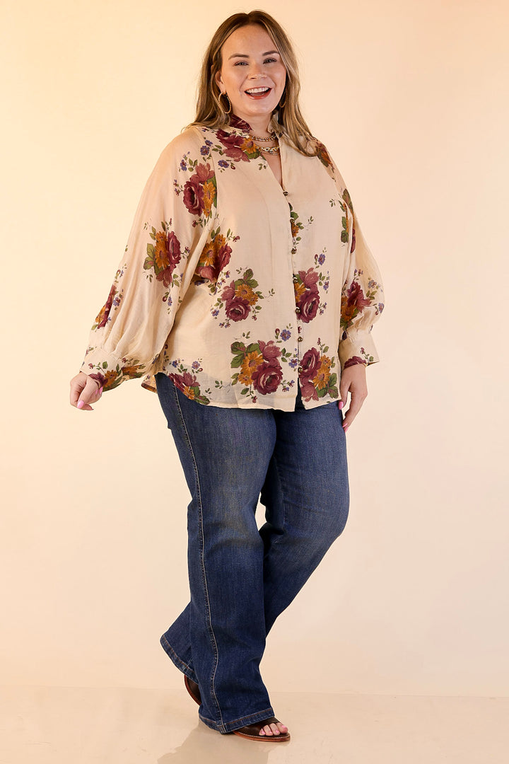 Garden Stroll Floral Long Sleeve Button Down Top in Cream