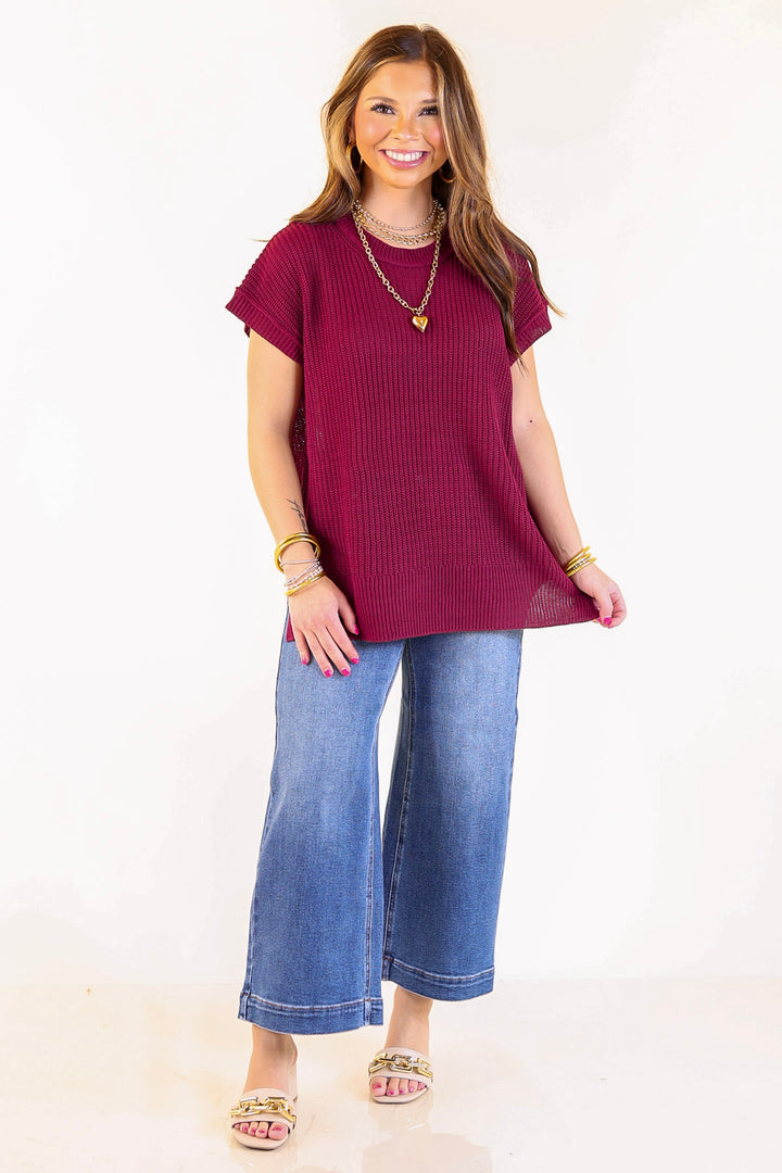 Style Refresh Drop Shoulder Short Sleeve Knit Sweater Top in Maroon
