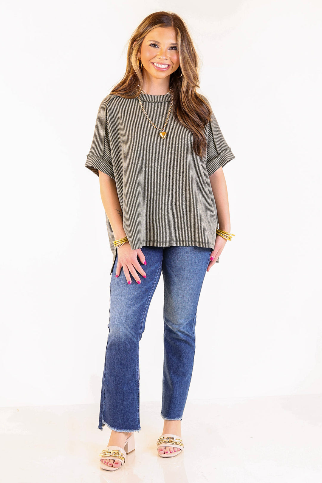 Daily Perfection Scoop Neck Short Sleeve Ribbed Top in Olive Green
