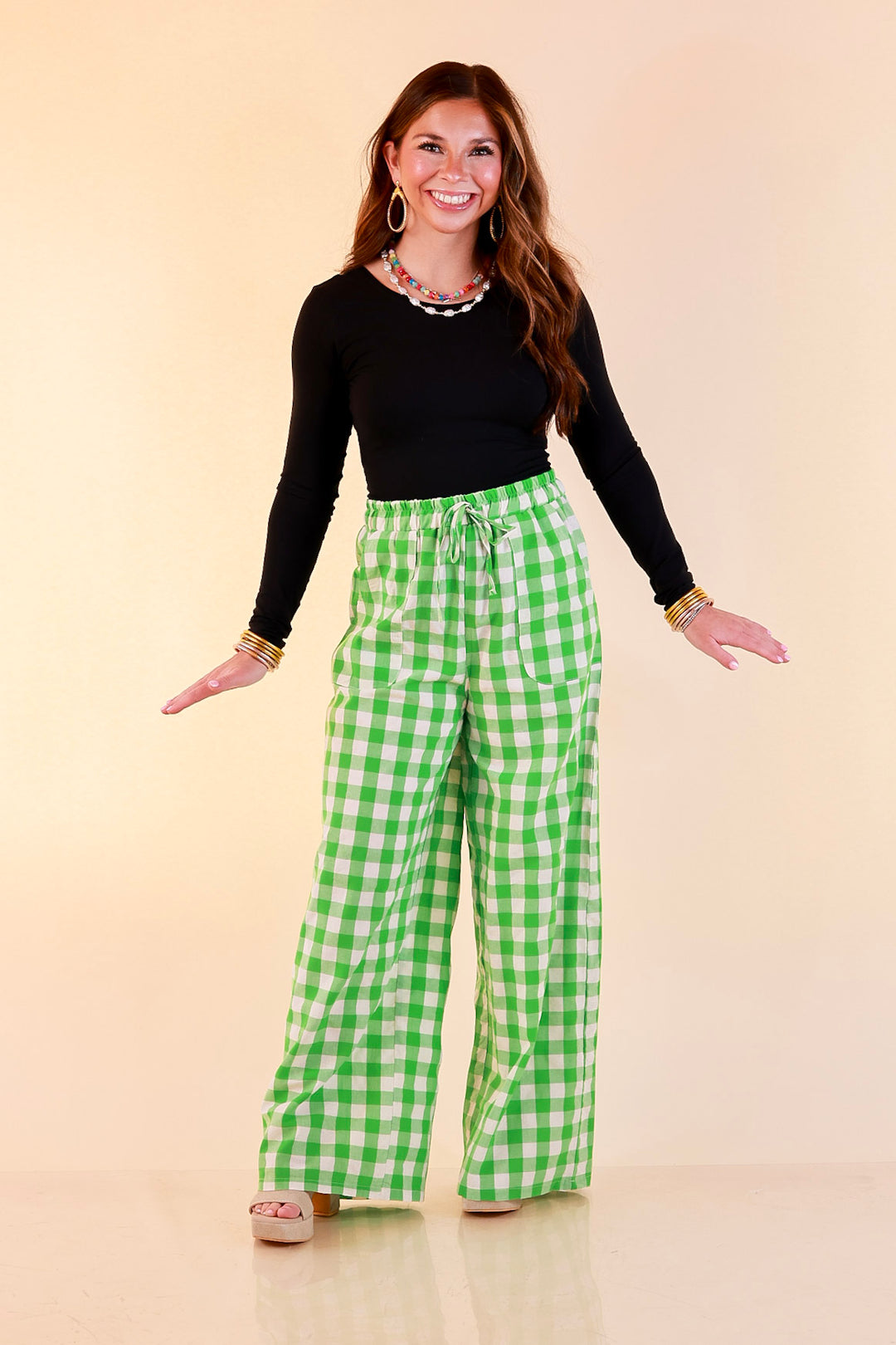 Pairs Well with Others Gingham Print Drawstring Pants with Elastic Waistband in Green