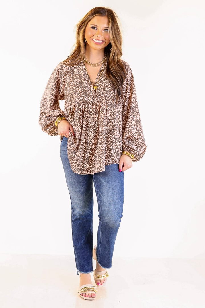 Really Dreamy Small Leopard Print Babydoll Top with Long Sleeves in Brown