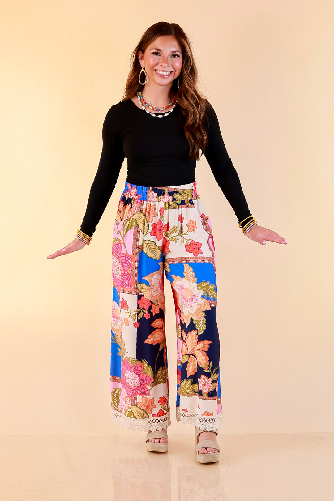 Patchwork Flair Floral Patchwork Print Wide Leg Pants with Lace Trim in Blue Mix