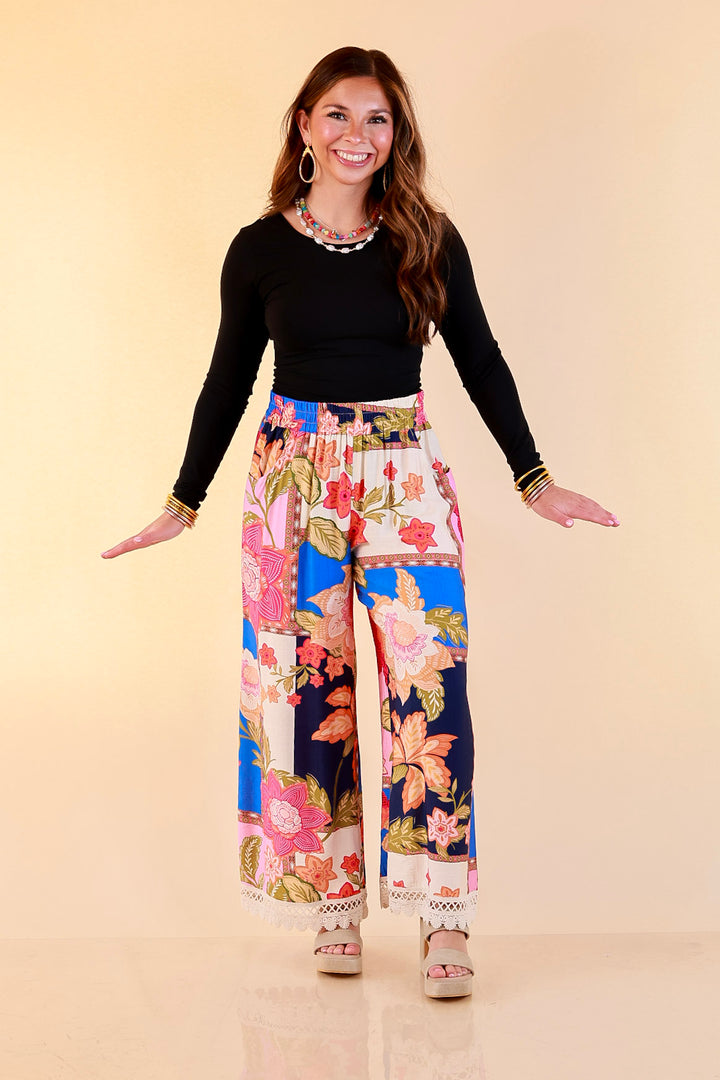 Patchwork Flair Floral Patchwork Print Wide Leg Pants with Lace Trim in Blue Mix