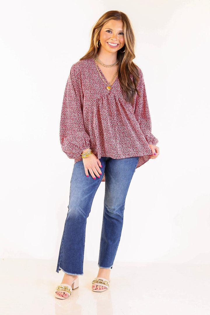 Really Dreamy Small Leopard Print Babydoll Top with Long Sleeves in Burgundy Red