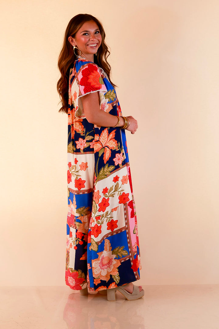 Patchwork Poise Floral Patchwork Print Midi Dress with Tassel Tie Neckline and Flutter Sleeves in Blue Mix