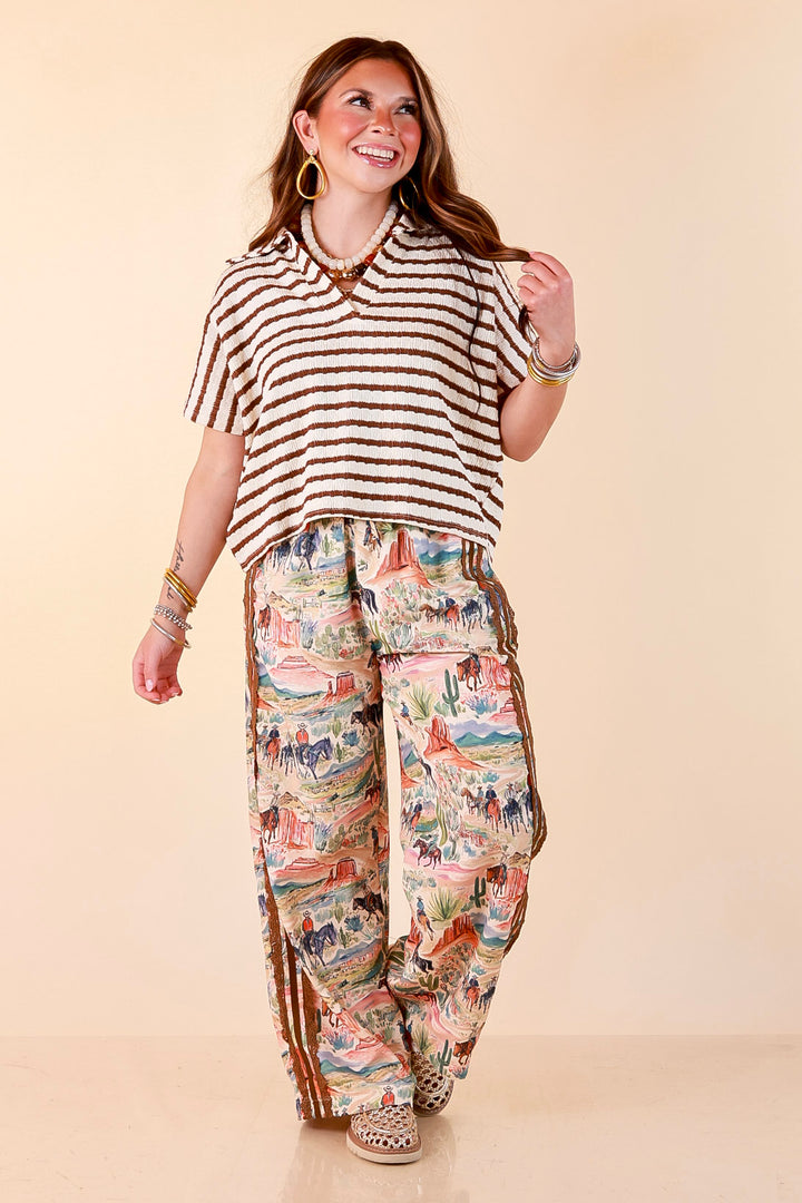 Simply Said Striped Drop Shoulder Collared Cropped Top in Ivory with Chocolate Brown Stripes