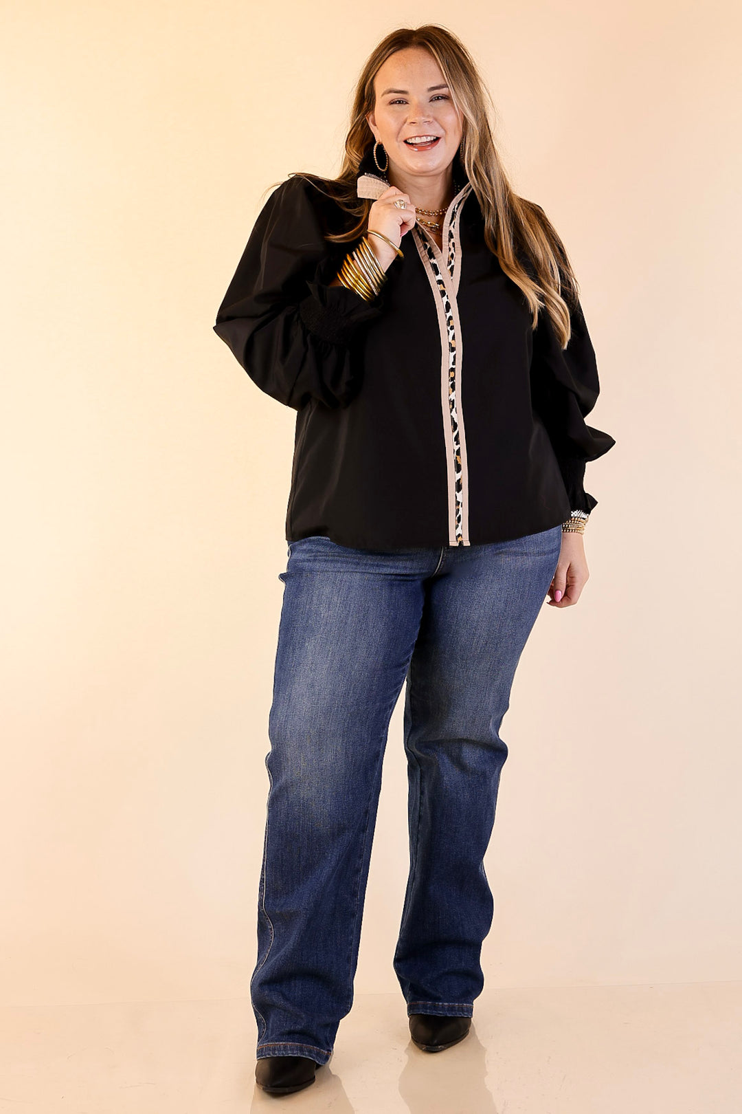 Trimmed in Style Puff Long Sleeve Blouse with Contrast Leopard Trim and Ruffle in Black