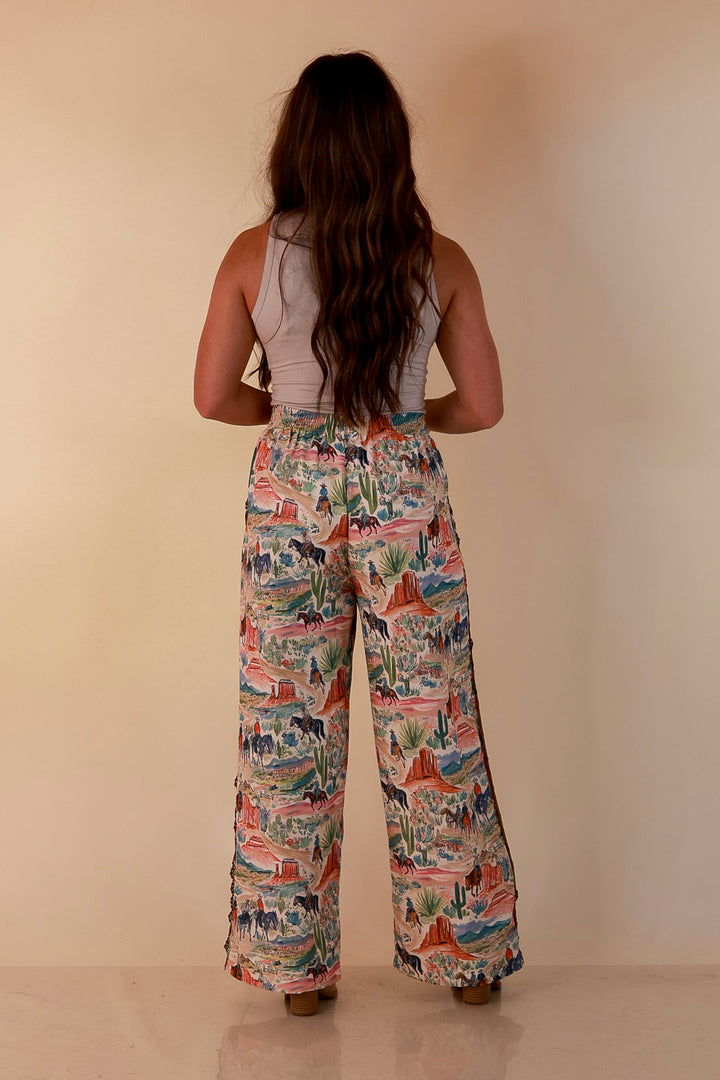 Adventure Awaits Western Scenic Print Wide Leg Drawstring Pants with Elastic Waistband in Brown, Blue and Clay
